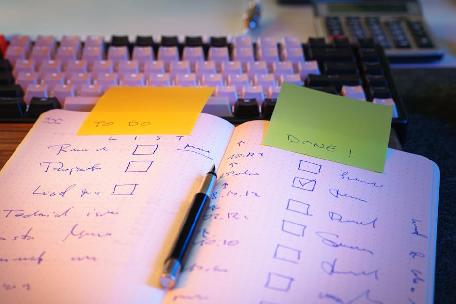 monotasking - A to-do list and completed tasks in a notebook on an office desk for productivity and organization.