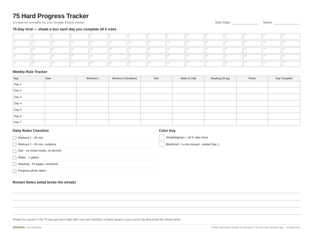 75 Hard Progress Tracker — free printable PDF preview