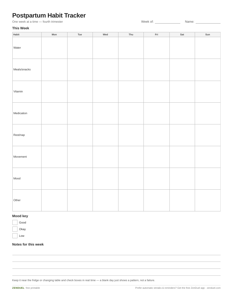 Postpartum Habit Tracker — free printable PDF preview