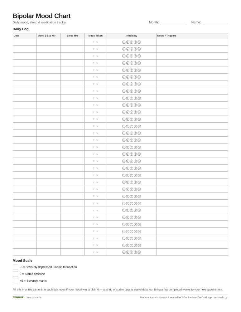 Bipolar Mood Chart — free printable PDF preview