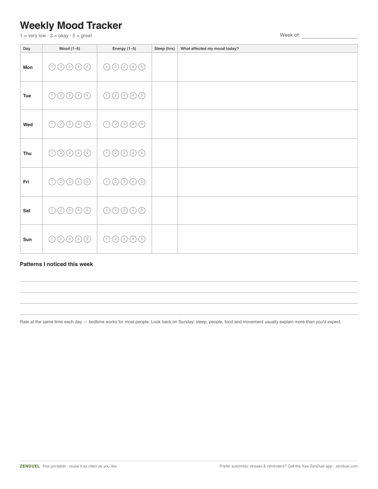 Printable Mood Tracker — free printable PDF preview