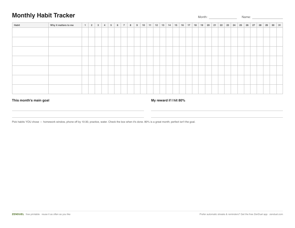 Teen Habit Tracker — free printable PDF preview