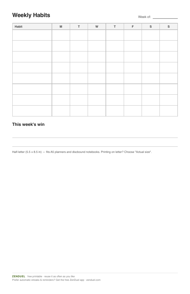 Half-Letter Weekly Habit Tracker — free printable PDF preview