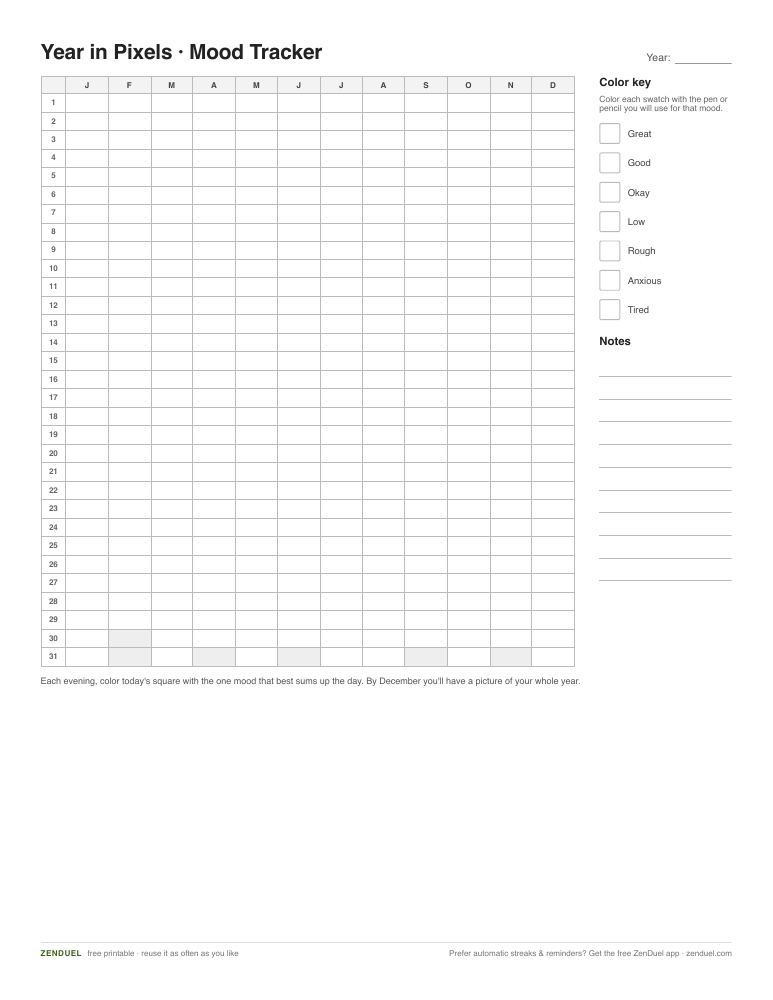 Year in Pixels — free printable PDF preview