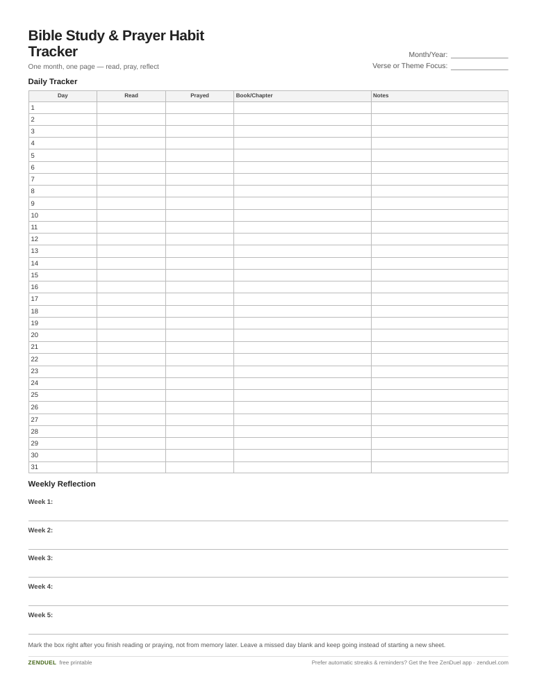 Bible Study & Prayer Habit Tracker — free printable PDF preview