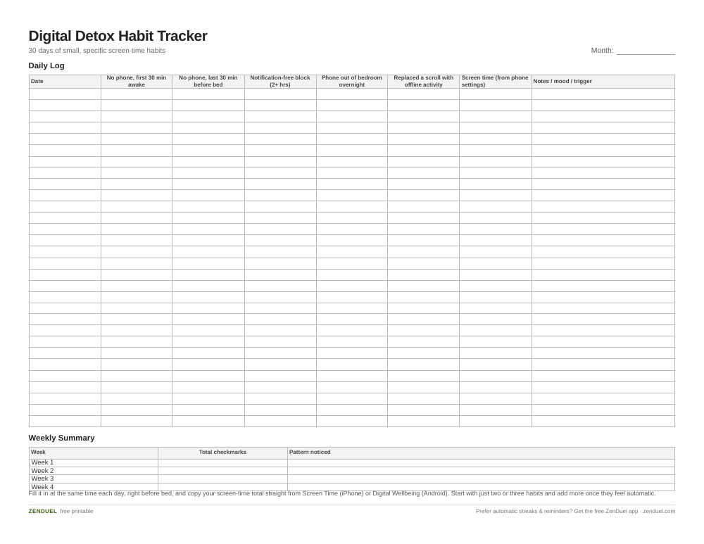 Digital Detox Habit Tracker — free printable PDF preview