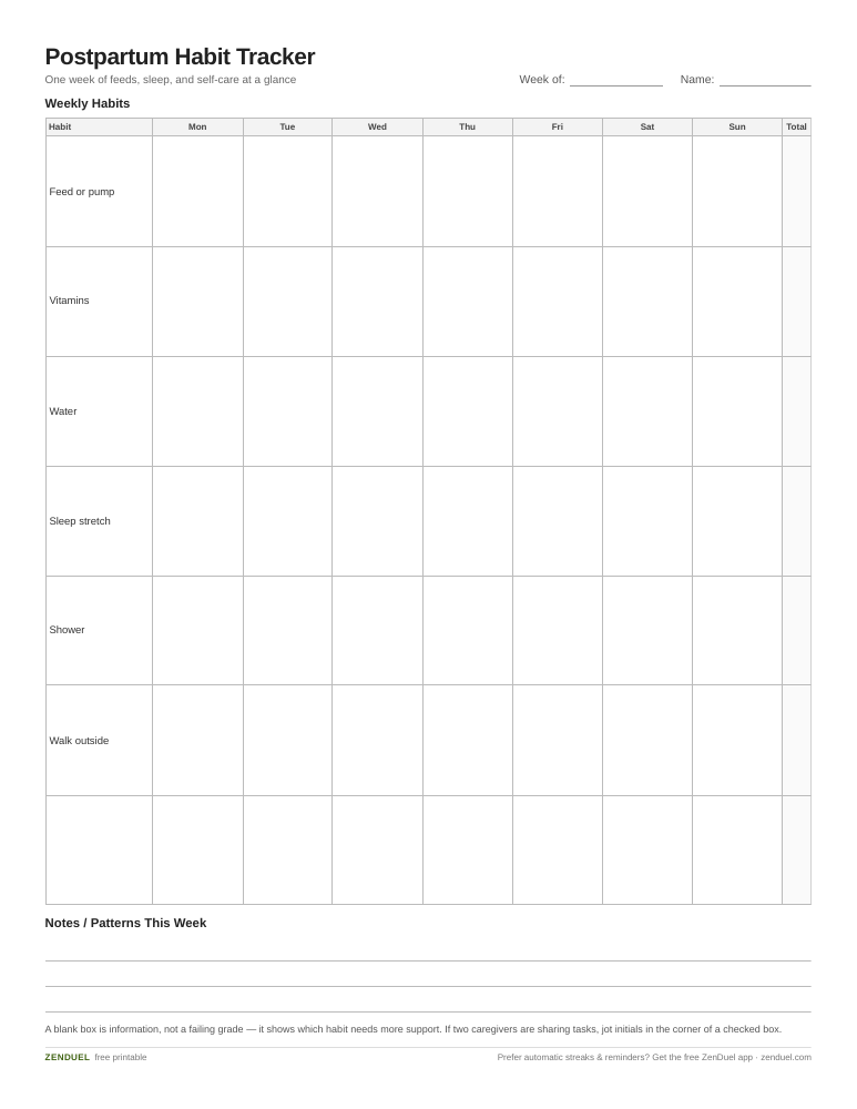Postpartum Habit Tracker — free printable PDF preview