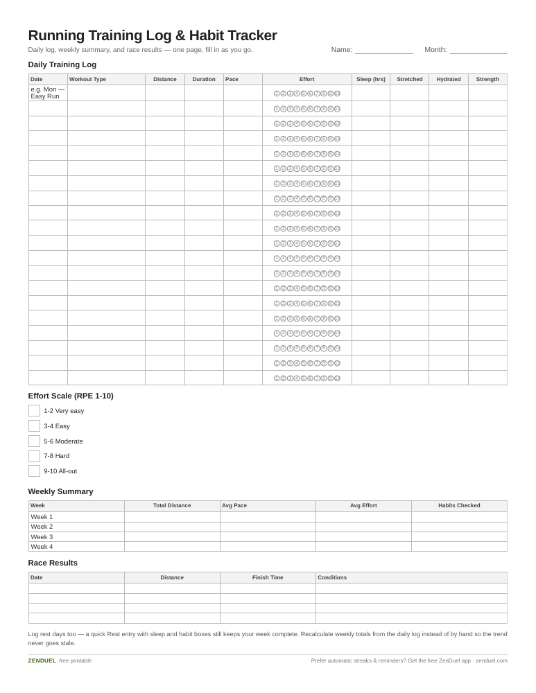 Running Training Log & Habit Tracker — free printable PDF preview