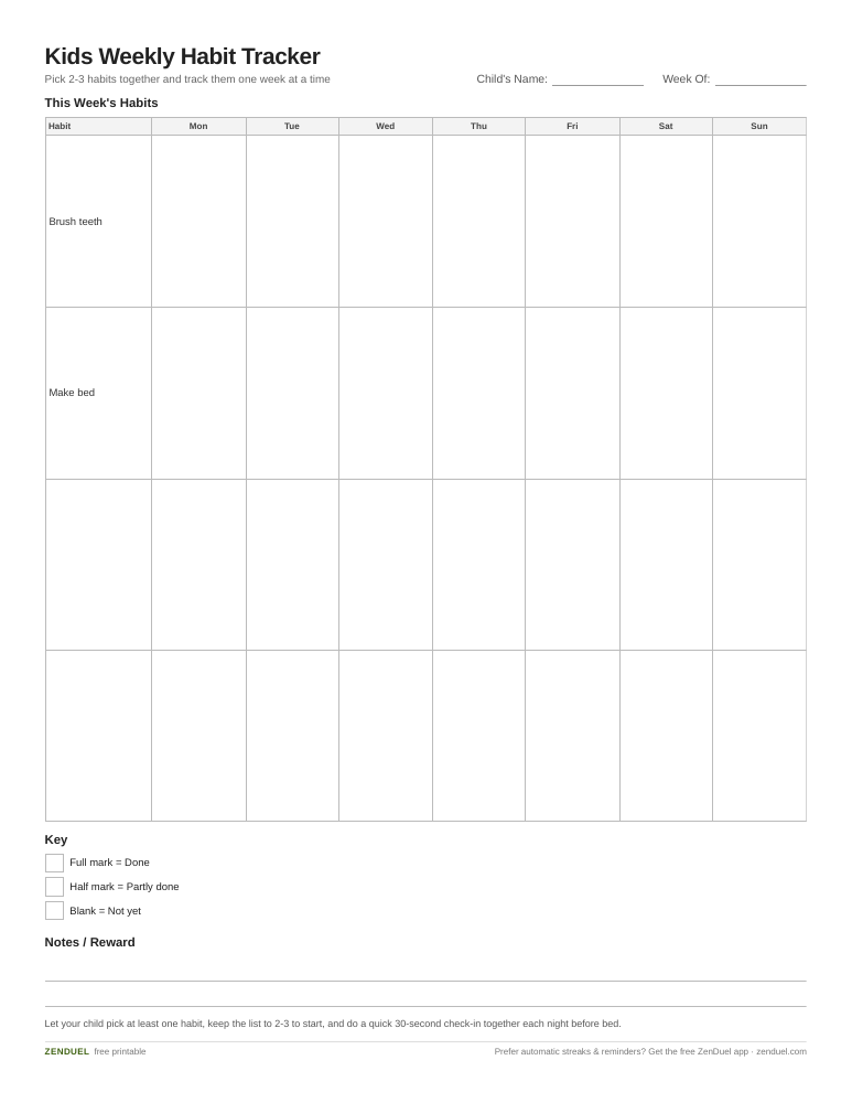 Kids Weekly Habit Tracker — free printable PDF preview
