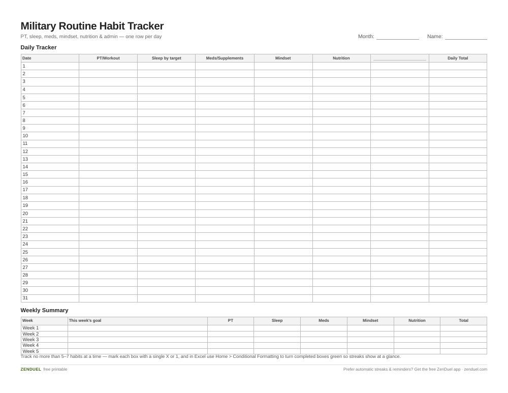 Military Routine Habit Tracker — free printable PDF preview