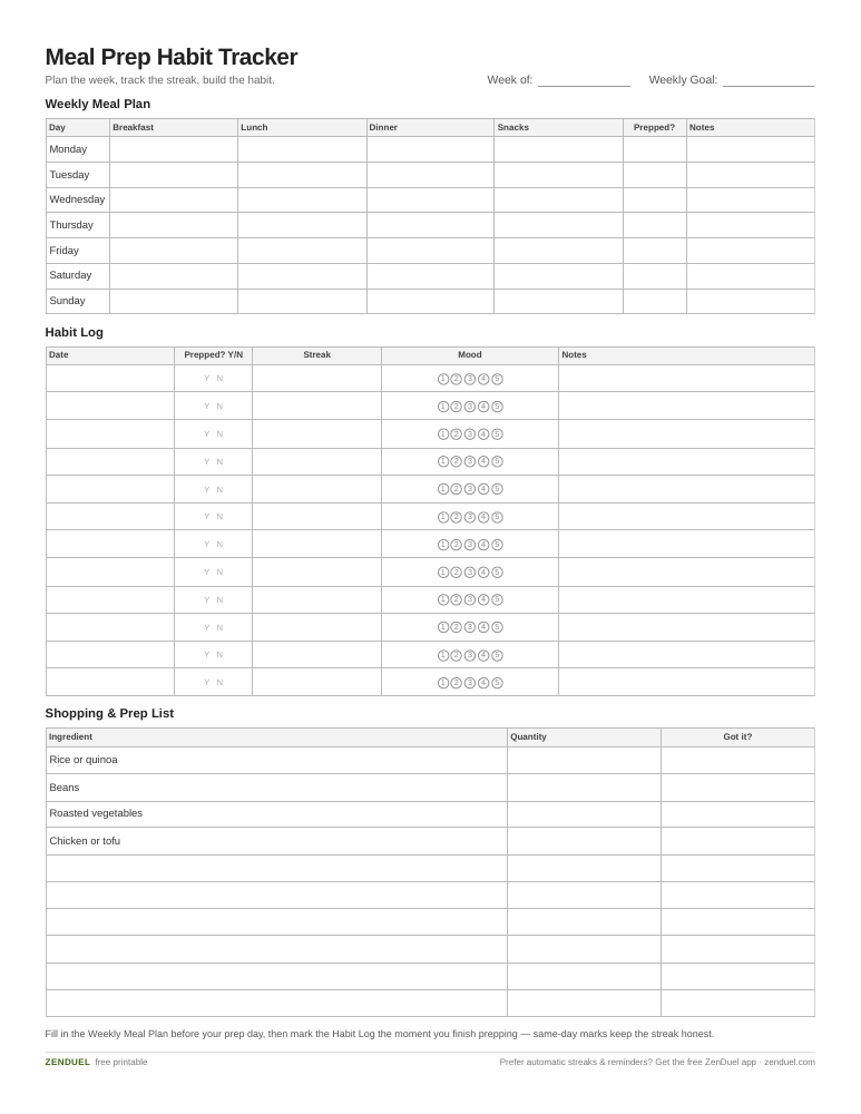 Meal Prep Habit Tracker — free printable PDF preview