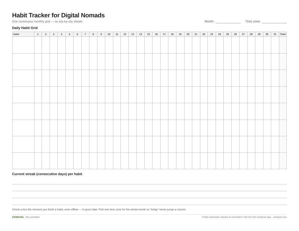 Habit Tracker for Digital Nomads — free printable PDF preview