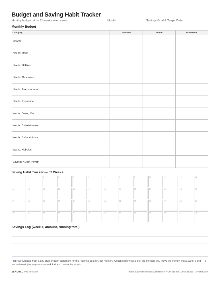 Budget and Saving Habit Tracker — free printable PDF preview