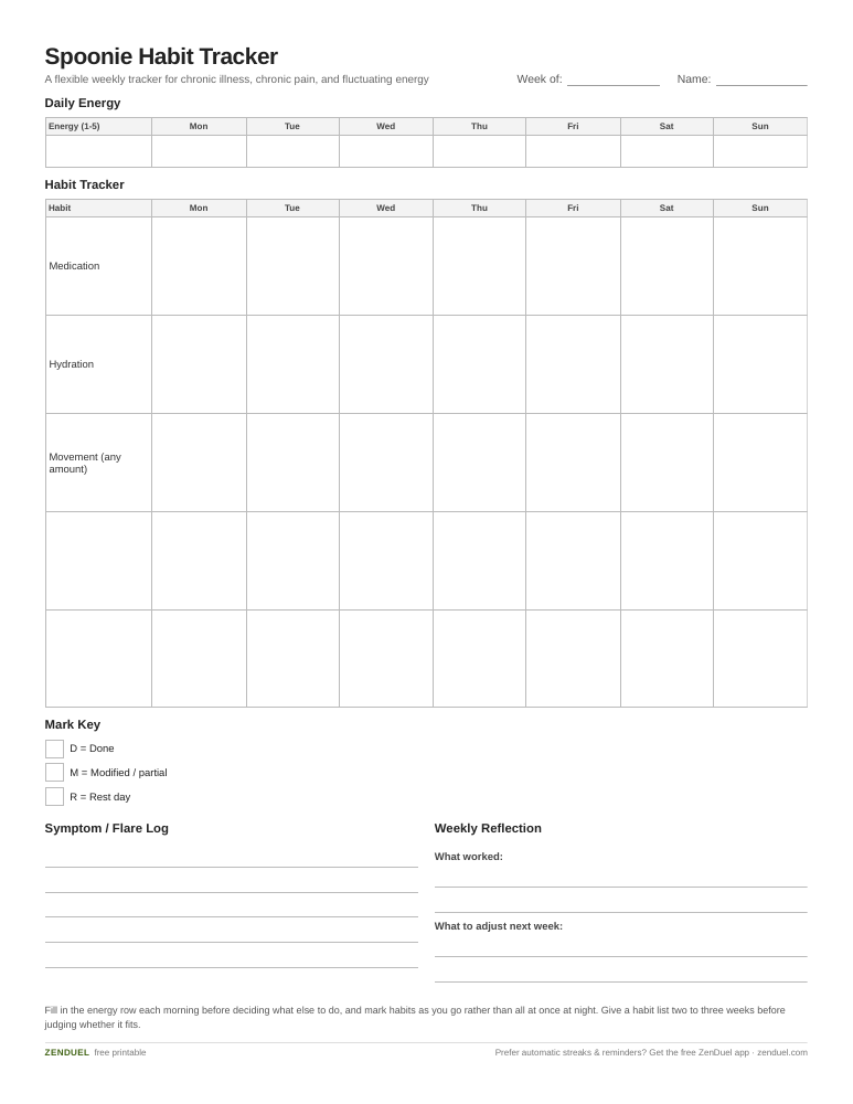 Spoonie Habit Tracker — free printable PDF preview