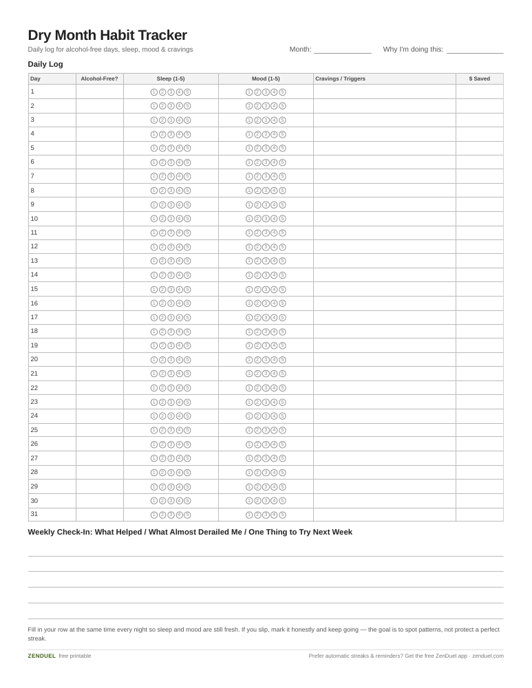 Dry Month Habit Tracker — free printable PDF preview