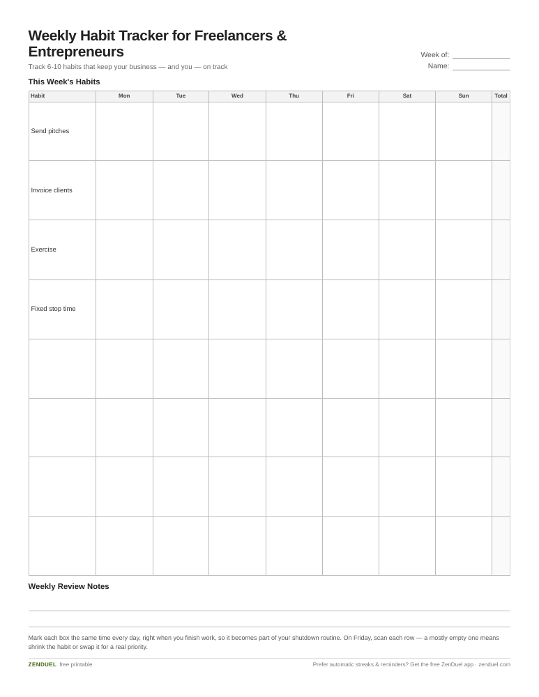 Weekly Habit Tracker for Freelancers & Entrepreneurs — free printable PDF preview