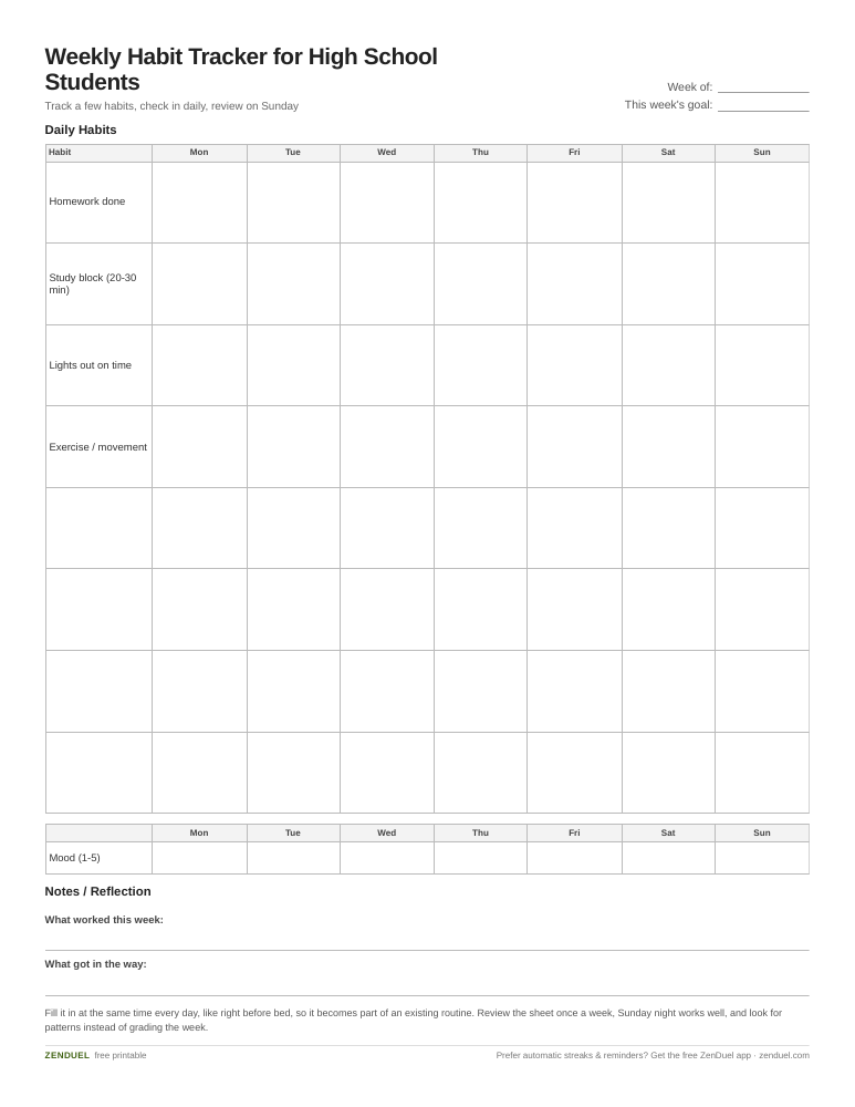 Weekly Habit Tracker for High School Students — free printable PDF preview
