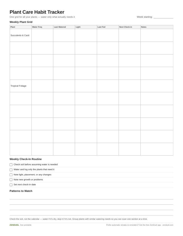 Plant Care Habit Tracker — free printable PDF preview