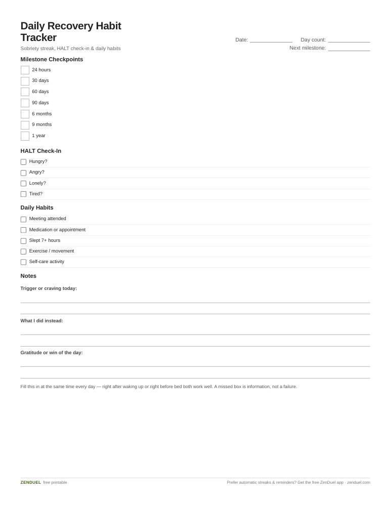 Daily Recovery Habit Tracker — free printable PDF preview