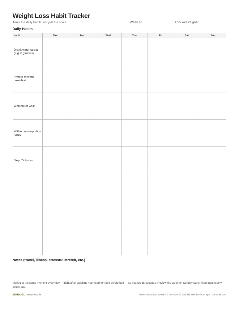 Weight Loss Habit Tracker — free printable PDF preview