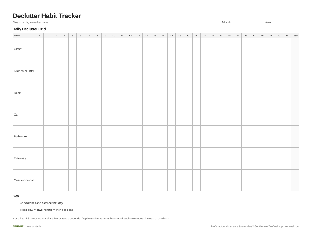 Declutter Habit Tracker — free printable PDF preview