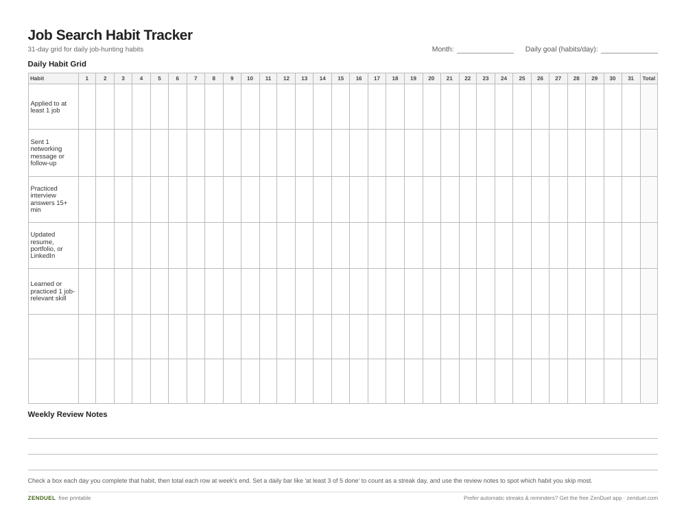 Job Search Habit Tracker — free printable PDF preview