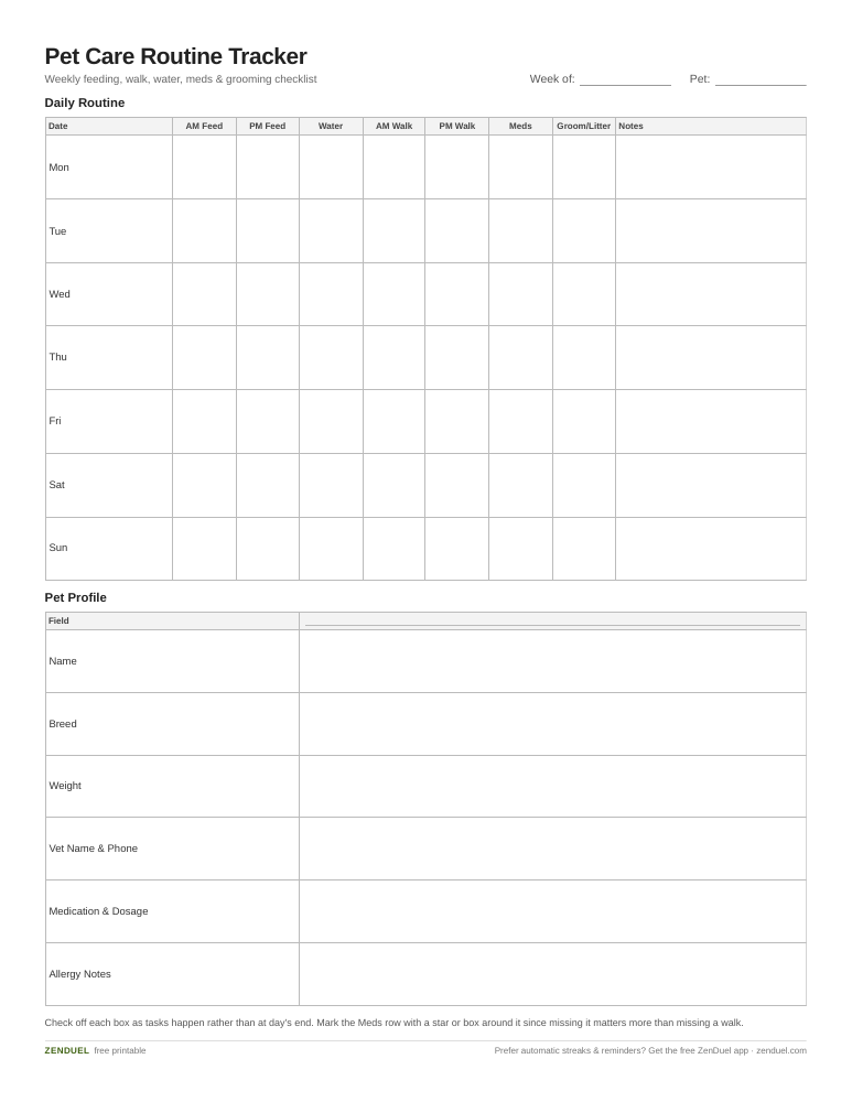 Pet Care Routine Tracker — free printable PDF preview