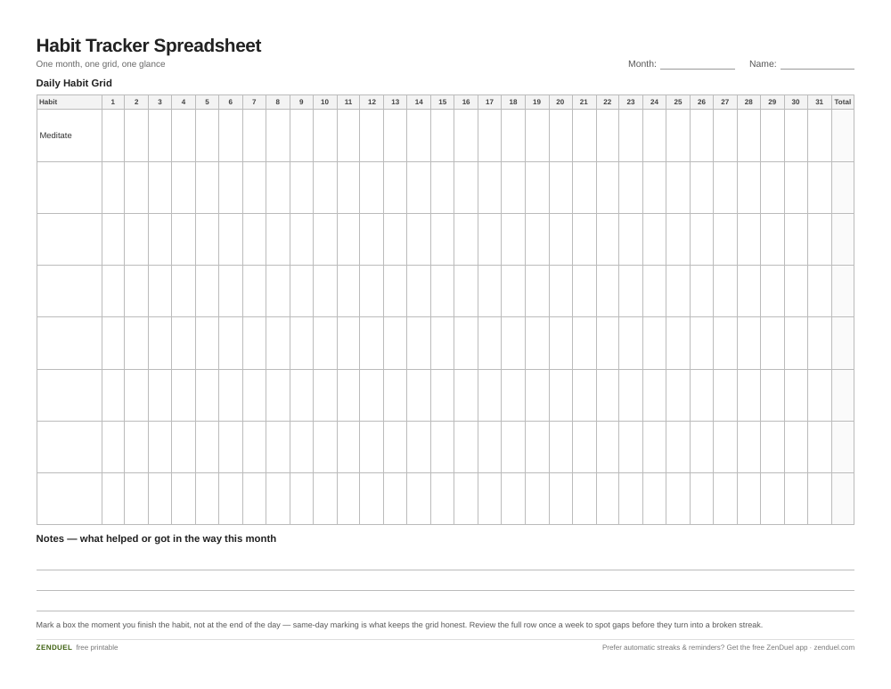 Habit Tracker Spreadsheet — free printable PDF preview
