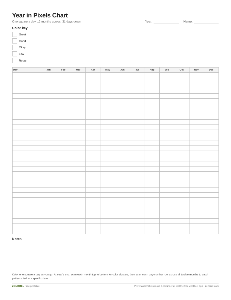 Year in Pixels Chart — free printable PDF preview