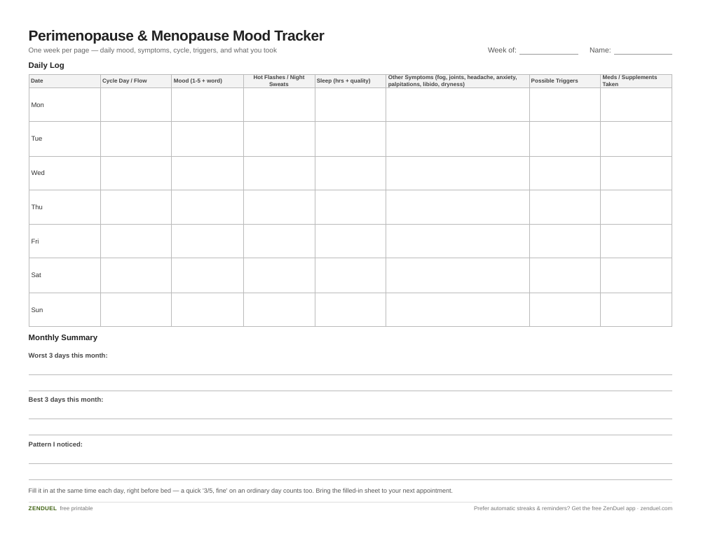 Perimenopause & Menopause Mood Tracker — free printable PDF preview