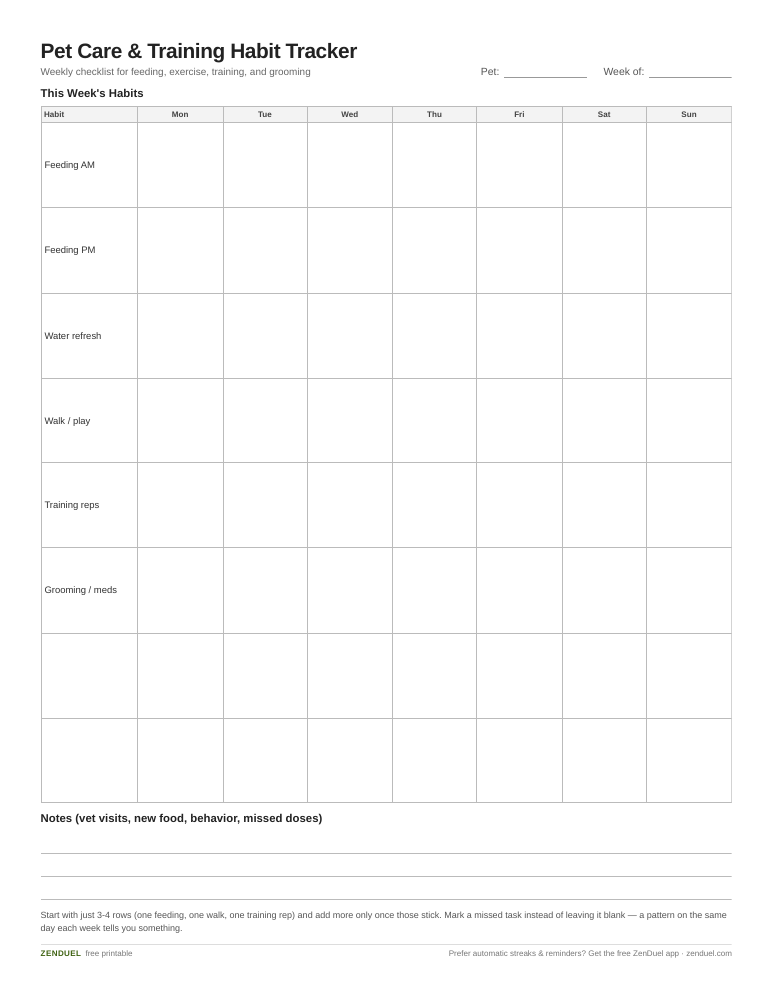Pet Care & Training Habit Tracker — free printable PDF preview
