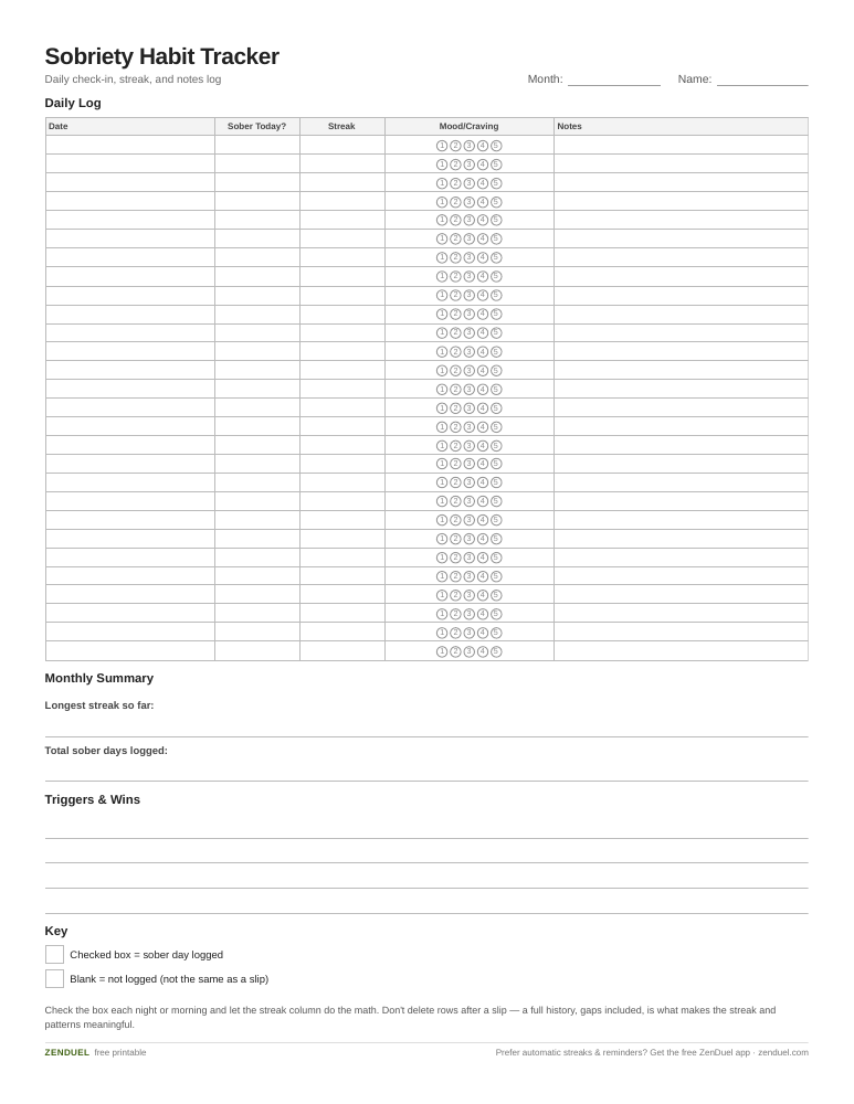 Sobriety Habit Tracker — free printable PDF preview